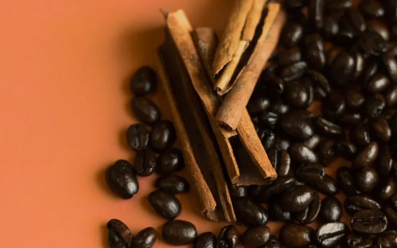 Close-up of roasted coffee beans, cacao pieces, and cinnamon sticks on a wooden surface.