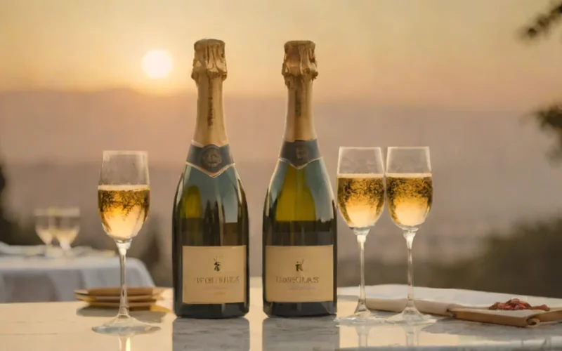 A bottle of Krug champagne and two filled crystal glasses on a marble table at sunset.