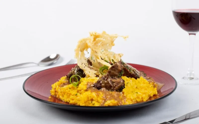 A glass of Brunello di Montalcino wine paired with porcini mushroom risotto on a rustic table.