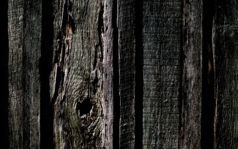 A close-up shot of a scarred and stained wooden work board in a winery cellar.