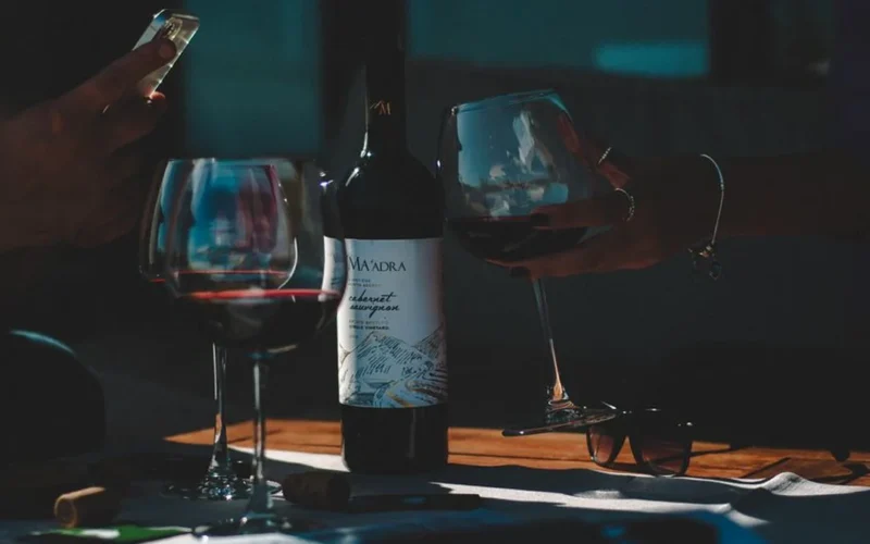 An elegant slim glass bottle of red wine and a filled glass on stone.