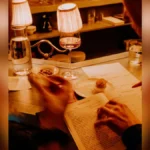 A printed wine list and a glass of red wine on a restaurant table.