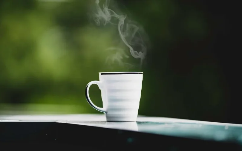 Close-up of a person holding a steaming hot mug of coffee or tea.