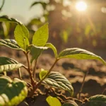A close-up of a coffee plant struggling in dry, cracked earth under intense sunlight.