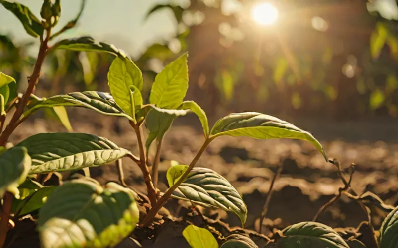 A close-up of a coffee plant struggling in dry, cracked earth under intense sunlight.