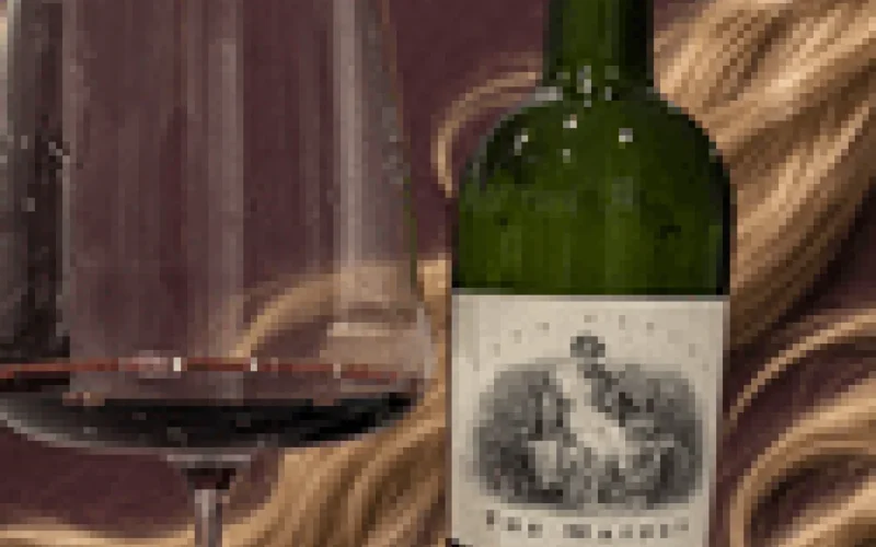 A glass of mature Napa Valley Cabernet Sauvignon beside an open wine bottle.