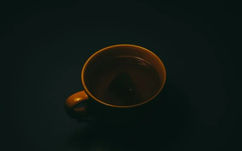 Blue Bottle coffee bag and ceramic cup on a dark stone surface with dried fruit.