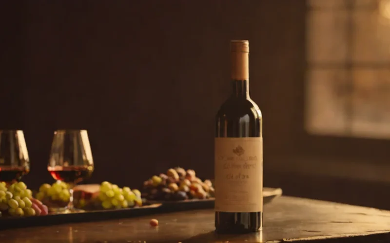 An aged bottle of Cantenac Brown wine and a decanter on an oak table.