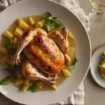 Overhead view of white Burgundy wine, glasses, and roasted chicken with applesauce on a table.