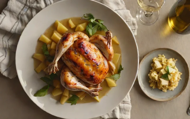 Overhead view of white Burgundy wine, glasses, and roasted chicken with applesauce on a table.