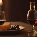 A bottle of Dow's Vintage Port and a glass of red wine on wood.