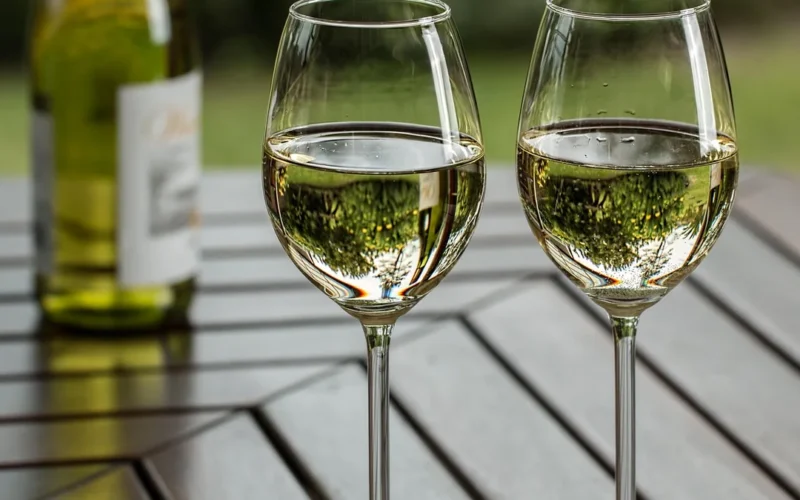 A bottle of Alquimia Vin de Voile and a glass on a stone ledge.