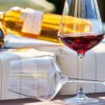 A glass of red wine sitting on dark soil in a vineyard setting.