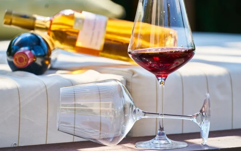 A glass of red wine sitting on dark soil in a vineyard setting.