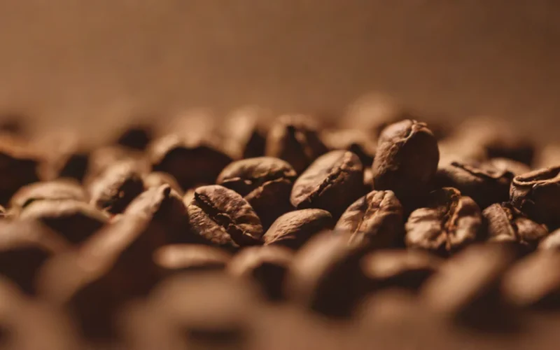 Lightly roasted coffee beans resting on a wooden surface next to a burlap sack.