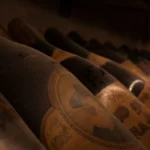 Close-up macro shot of a luxury wine bottle label with embossed gold text.