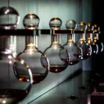 Chardonnay wine bottles and a glass of amber wine next to scientific laboratory glassware.