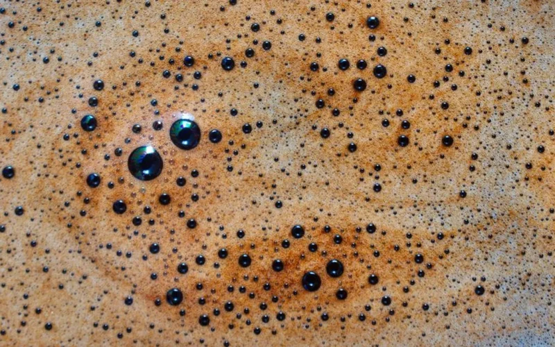 Close-up macro shot of rich golden espresso crema in a white ceramic cup.