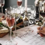Overhead view of a wine bottle and glass next to a paper with high scores.