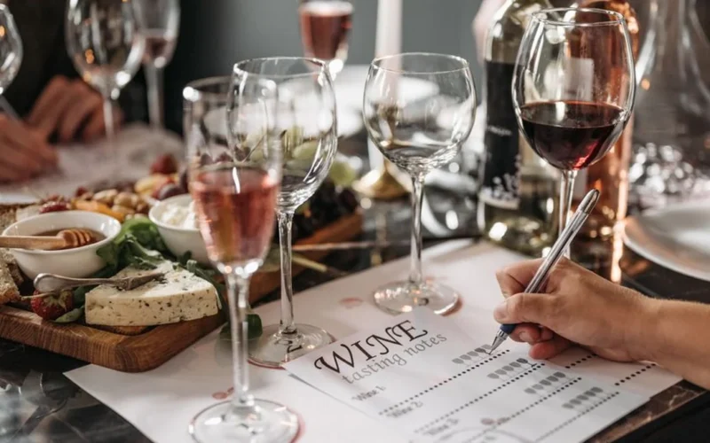 Overhead view of a wine bottle and glass next to a paper with high scores.