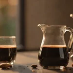 Two glass carafes containing different shades of cold brew coffee concentrate on a dark bar surface.