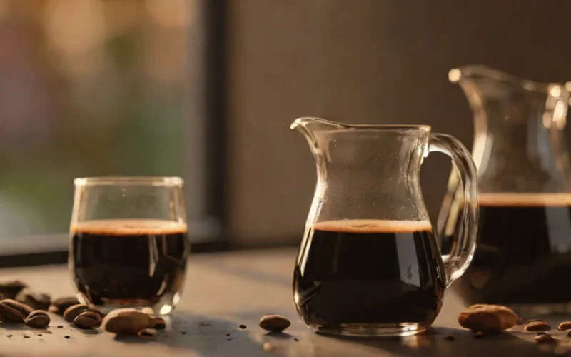 Two glass carafes containing different shades of cold brew coffee concentrate on a dark bar surface.