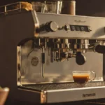 A cream La Marzocco espresso machine on a wooden bar in a cafe setting.