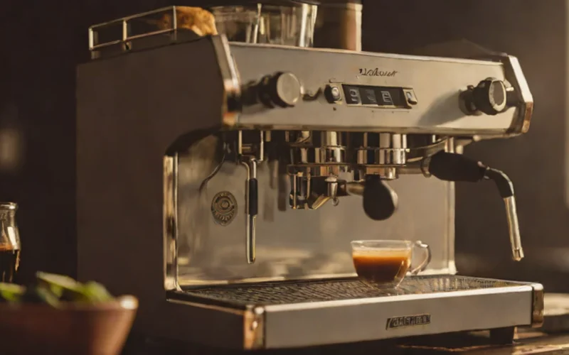 A cream La Marzocco espresso machine on a wooden bar in a cafe setting.