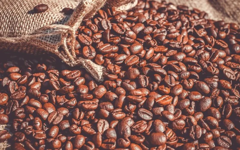 Roasted coffee beans spilling from a burlap sack next to a ceramic mug on wood.