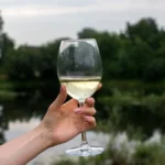 A bottle of white wine and glass on a stone ledge overlooking Lake Garda.