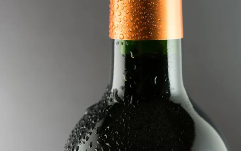 Macro close-up of water droplets on a chilled glass wine bottle surface.